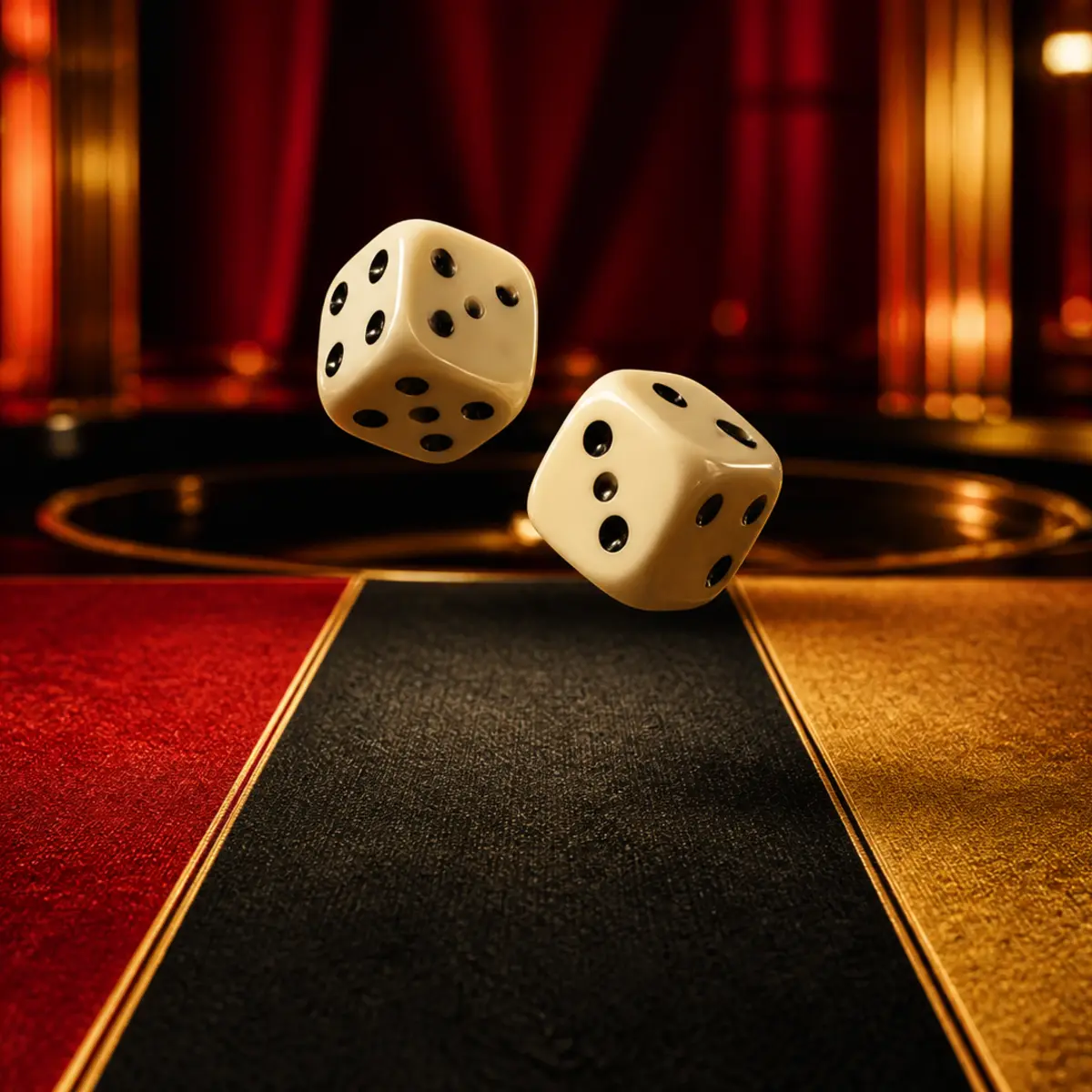 Two dice rolling across a premium game table