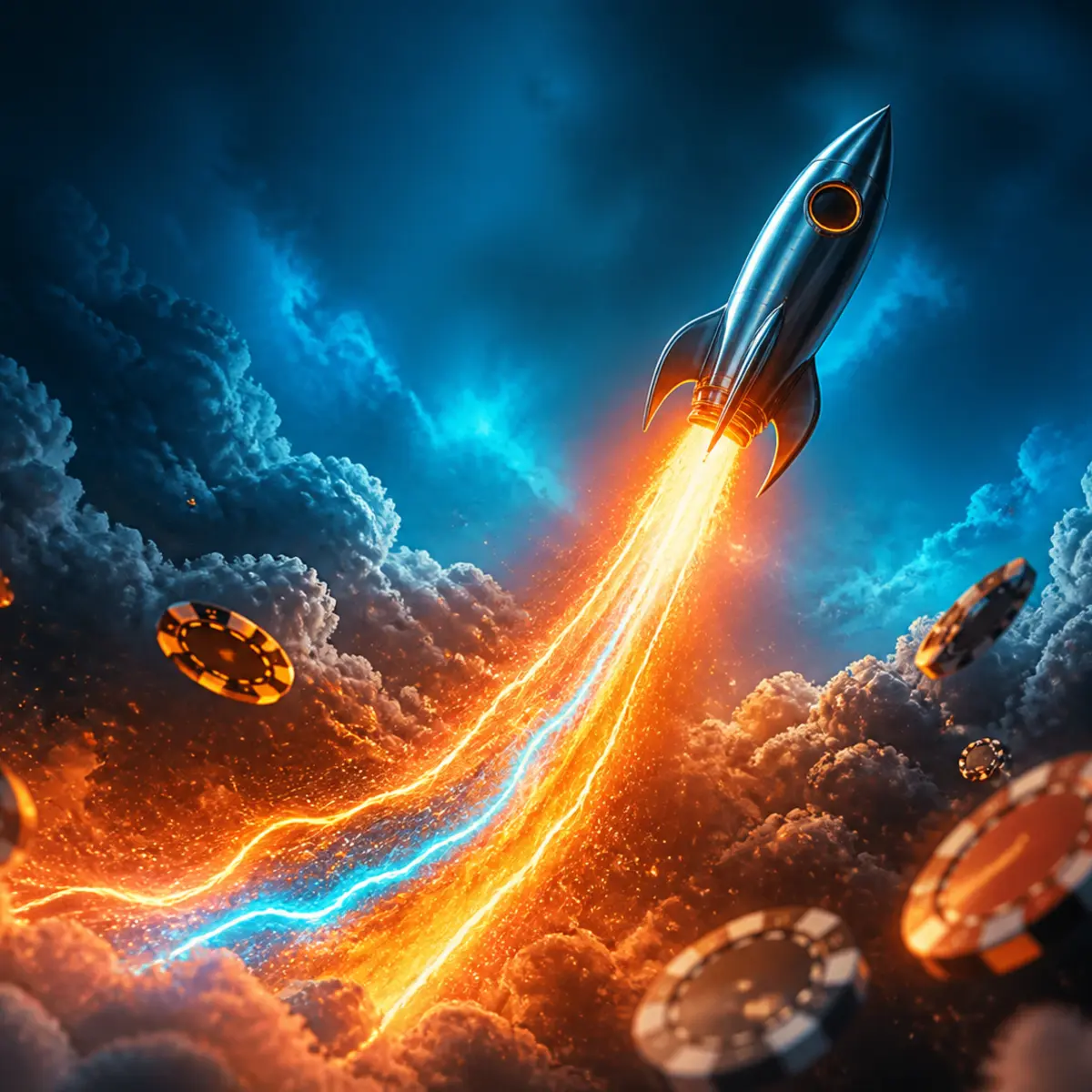 Neon rocket rising through a dramatic sky