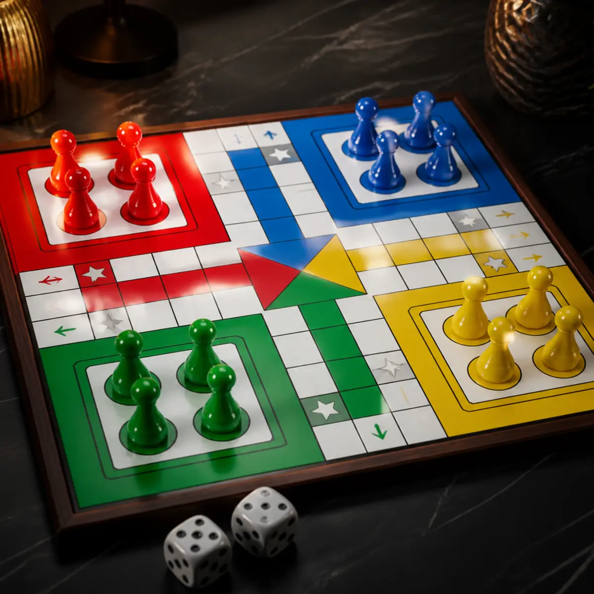 Colourful Ludo board and game pieces