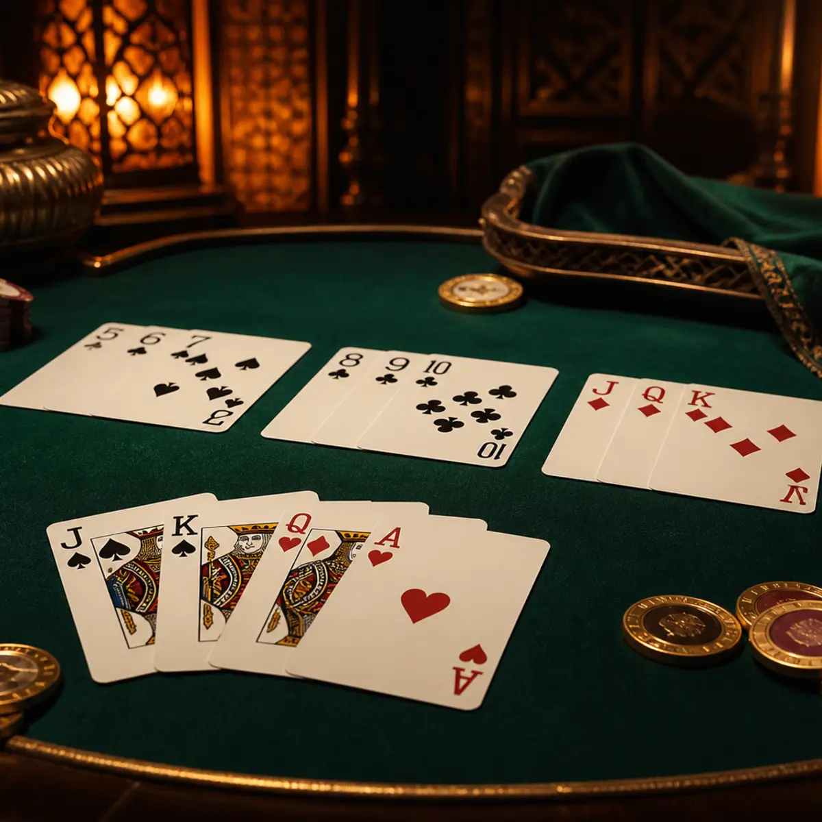Rummy cards arranged on a premium game table