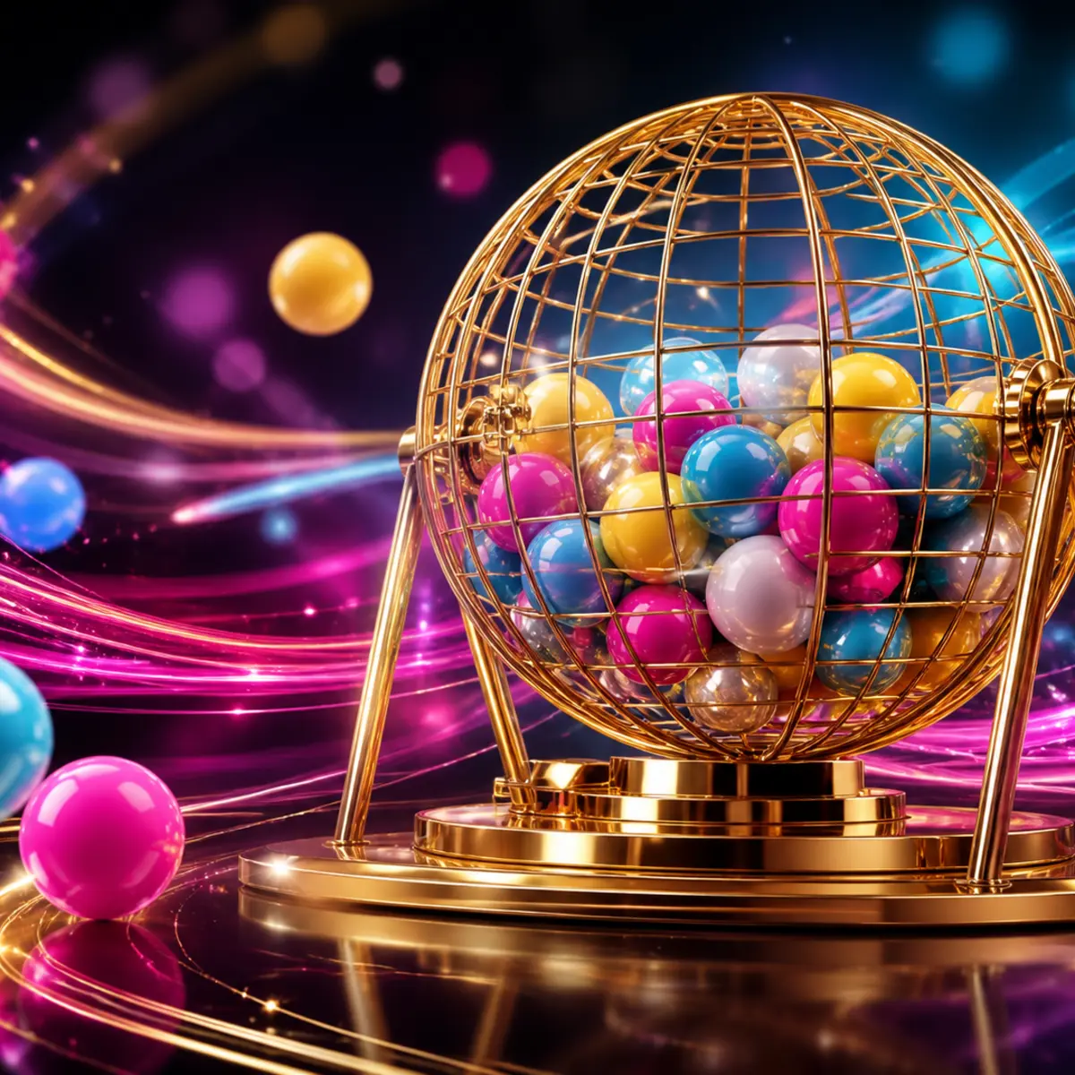 Golden lottery cage filled with bright game balls